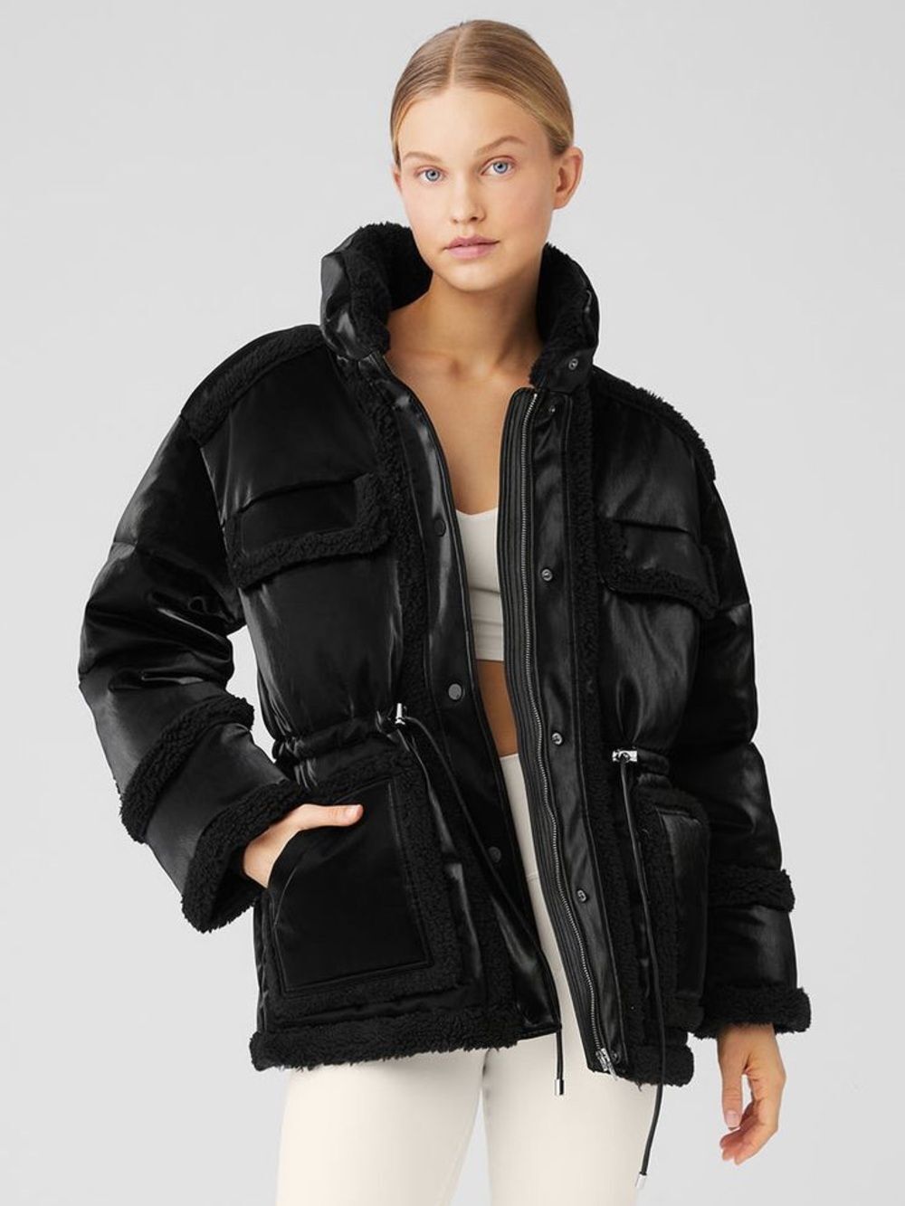ALO Ice Breaker Puffer Jacket Black Oversized Satin Sherpa winter Coat sz Small